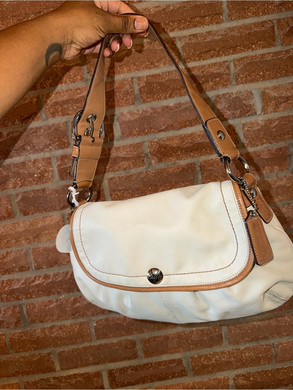 Coach White and Tan Shoulder Bag with Silver Hardware